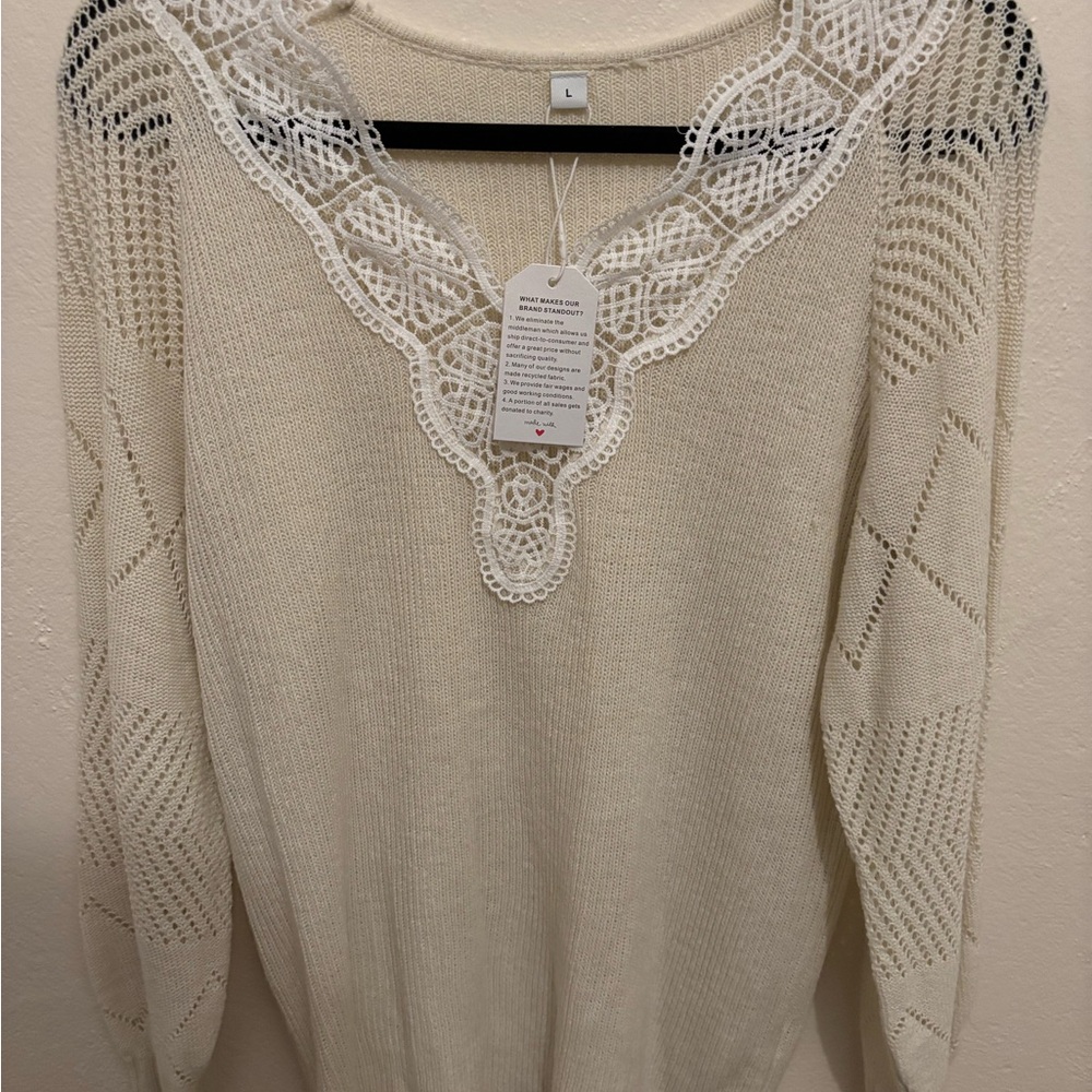 Cream V-Neck Sweater with Lace Detail